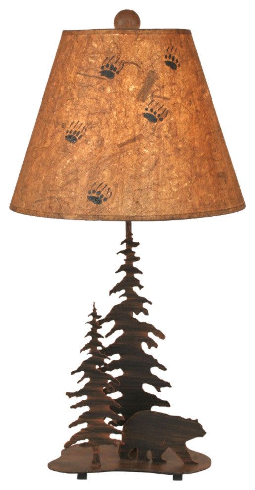 Burnt Sienna Iron Nature Scene Table Lamp With Feather Trees and Bear
