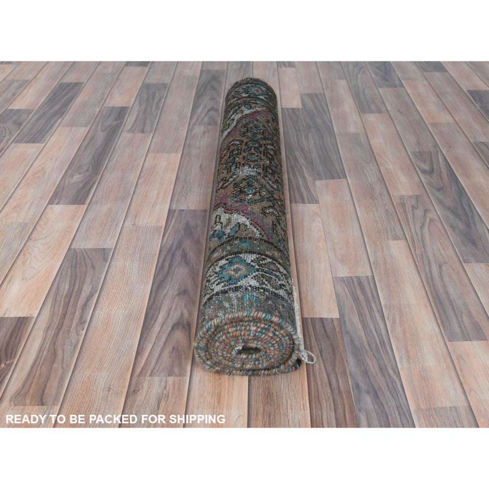 Brown Old Persian Hamadan Fish Mahi Design Hand Knotted Pure Wool Rug, 3'3"x9'2"