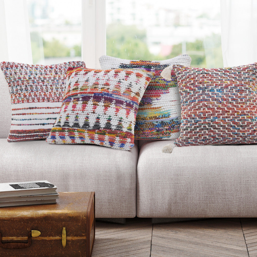 Ox Bay Handwoven White/Multi Geometric Cotton Blend Pillow Cover, 20"x20"