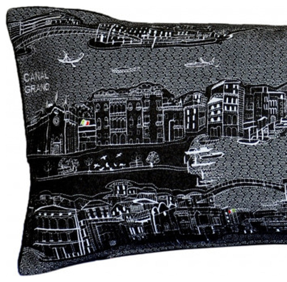 35" Black Venice Nighttime Skyline Lumbar Decorative Pillow