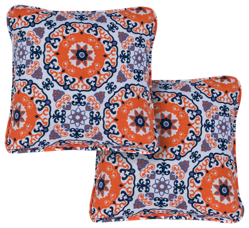 Set of 2 Medallion Indoor/Outdoor Throw Pillows, Orange and Blue
