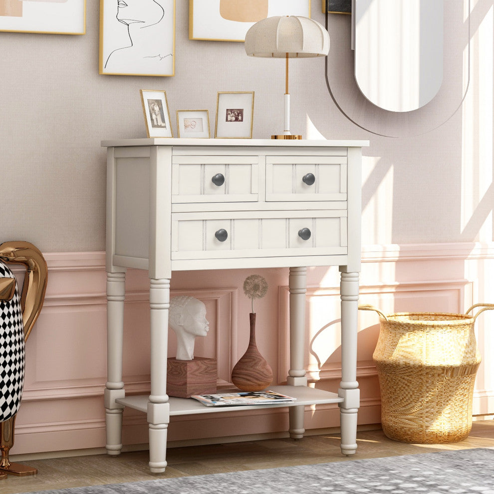 TATEUS Modern Narrow Console Table With Three Storage Drawers, Ivory White