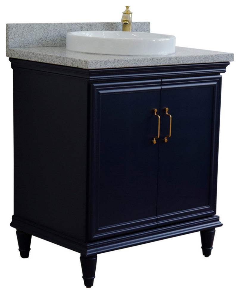 31" Single Vanity, Blue Finish With Gray Granite And Round Sink