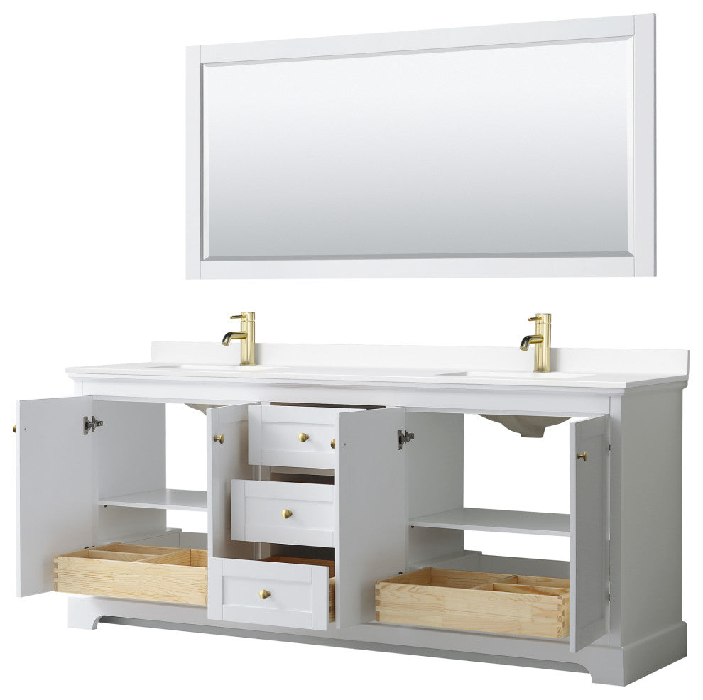 80"DBL Bath Vanity, White, White Cult. Marble Countertop, Sinks, Gold Trim