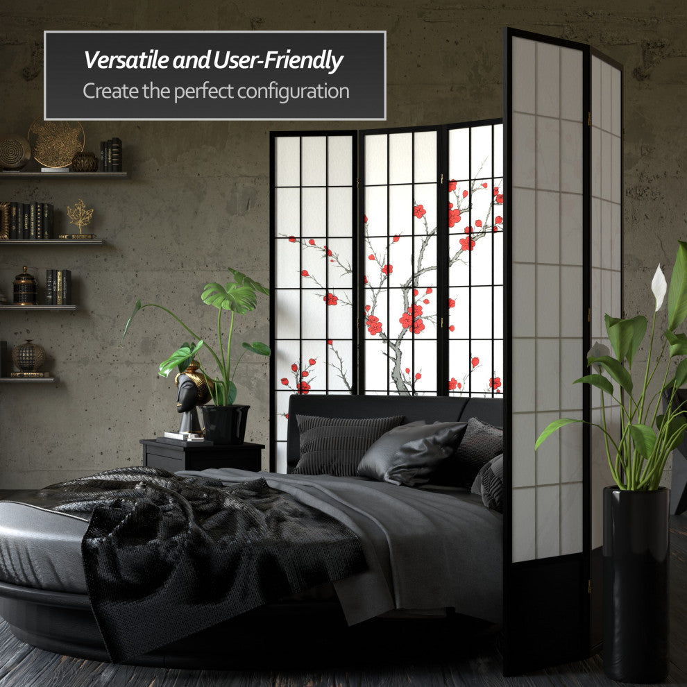 7' Tall Cherry Blossom Shoji Screen, Black, 5 Panels