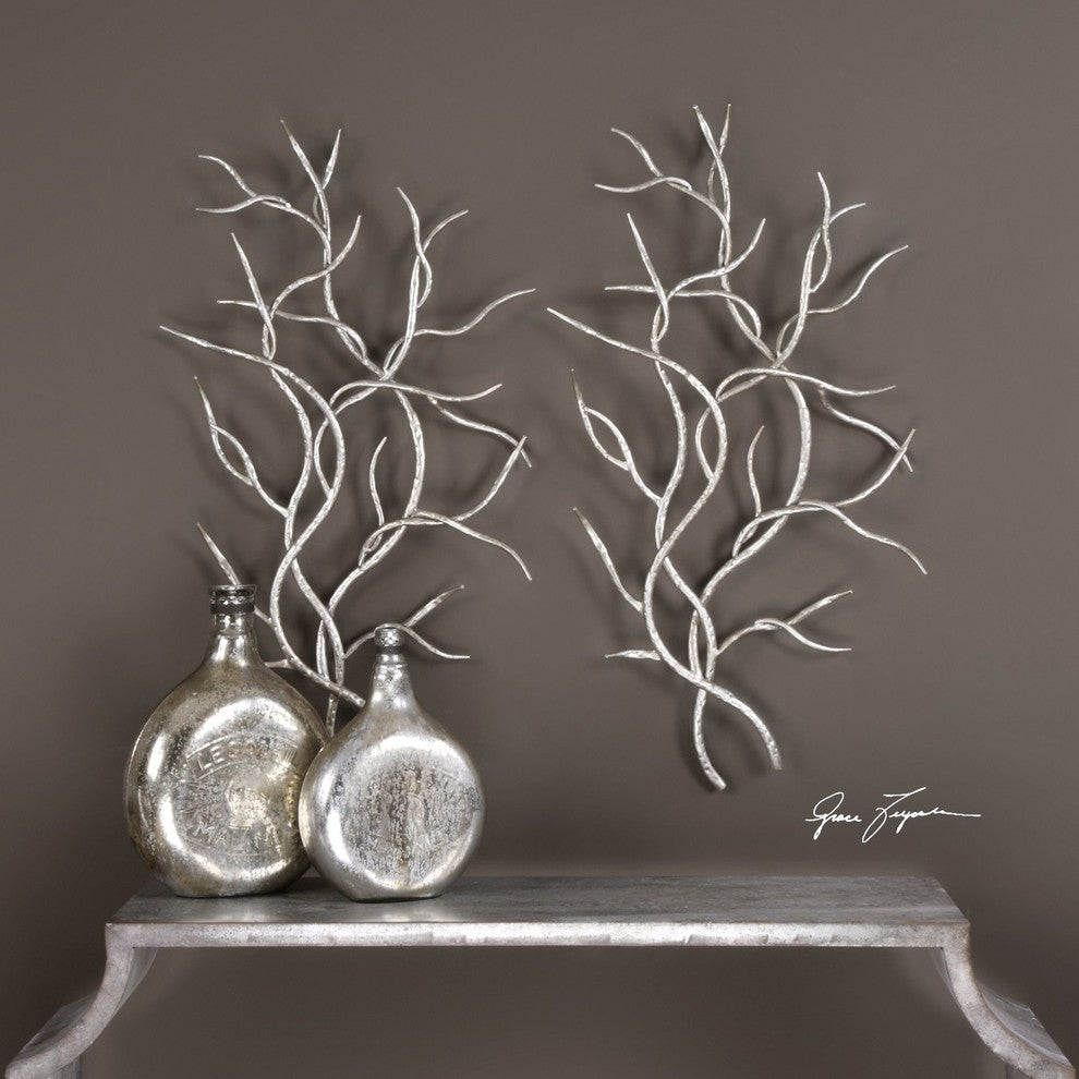 Modern Silver Branch Wall Art Set 2 Open Contemporary Tree Faux Bois Pair Metal