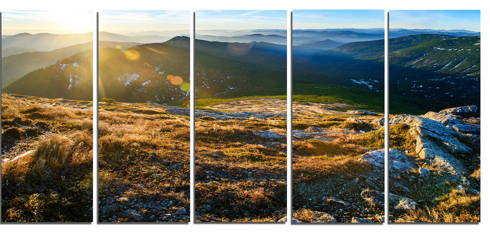 Mountains Glowing in Sunlight, Landscape Canvas Art Print, 60"x28", 5 Panels