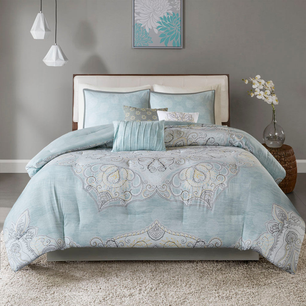 Madison Park Lucinda 7 Piece Reversible Cotton Sateen Comforter Set in Seafoam