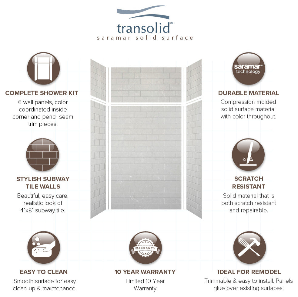 Transolid SaraMar 48"x36"x96" 6-Piece Shower Wall Kit with Extension, Lunar