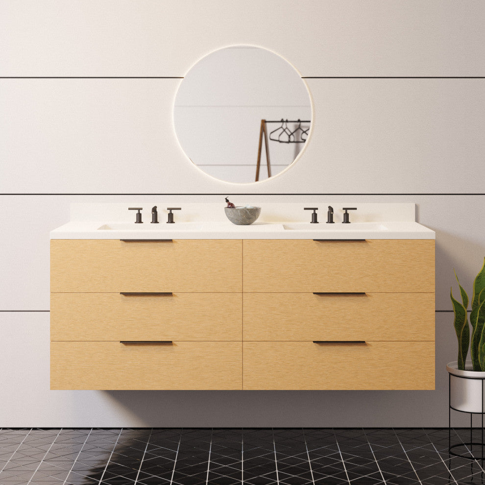Oslo 60" Floating Wall Mounted Bathroom Vanity, Blonde, Matte White, Double