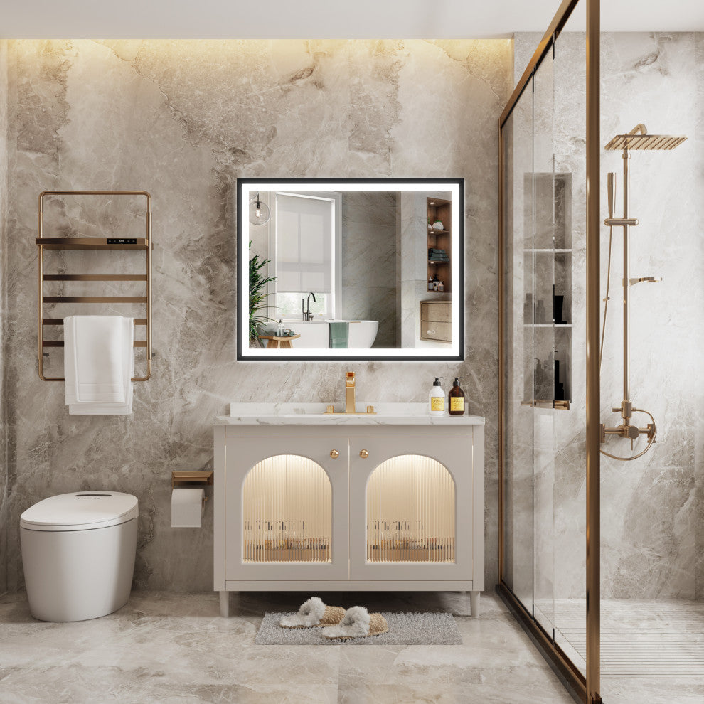 Beveled Bathroom LED Mirror Framed, Backlit and Front Light, Matte Black, 40"x32"