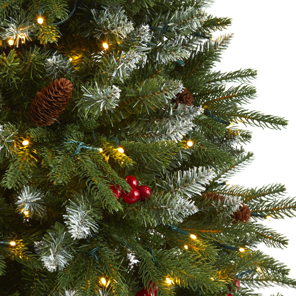 6' Snow Tipped Portland Spruce Faux Xmas Tree W/ Berries & Pinecones W/Lights