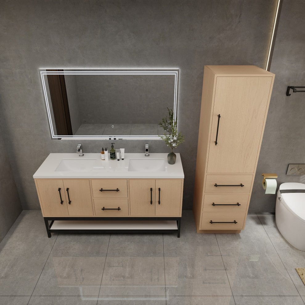 Victoria 60'' Solid Wood Open Shelf Bath Vanity Double Sink, Yellow Oak