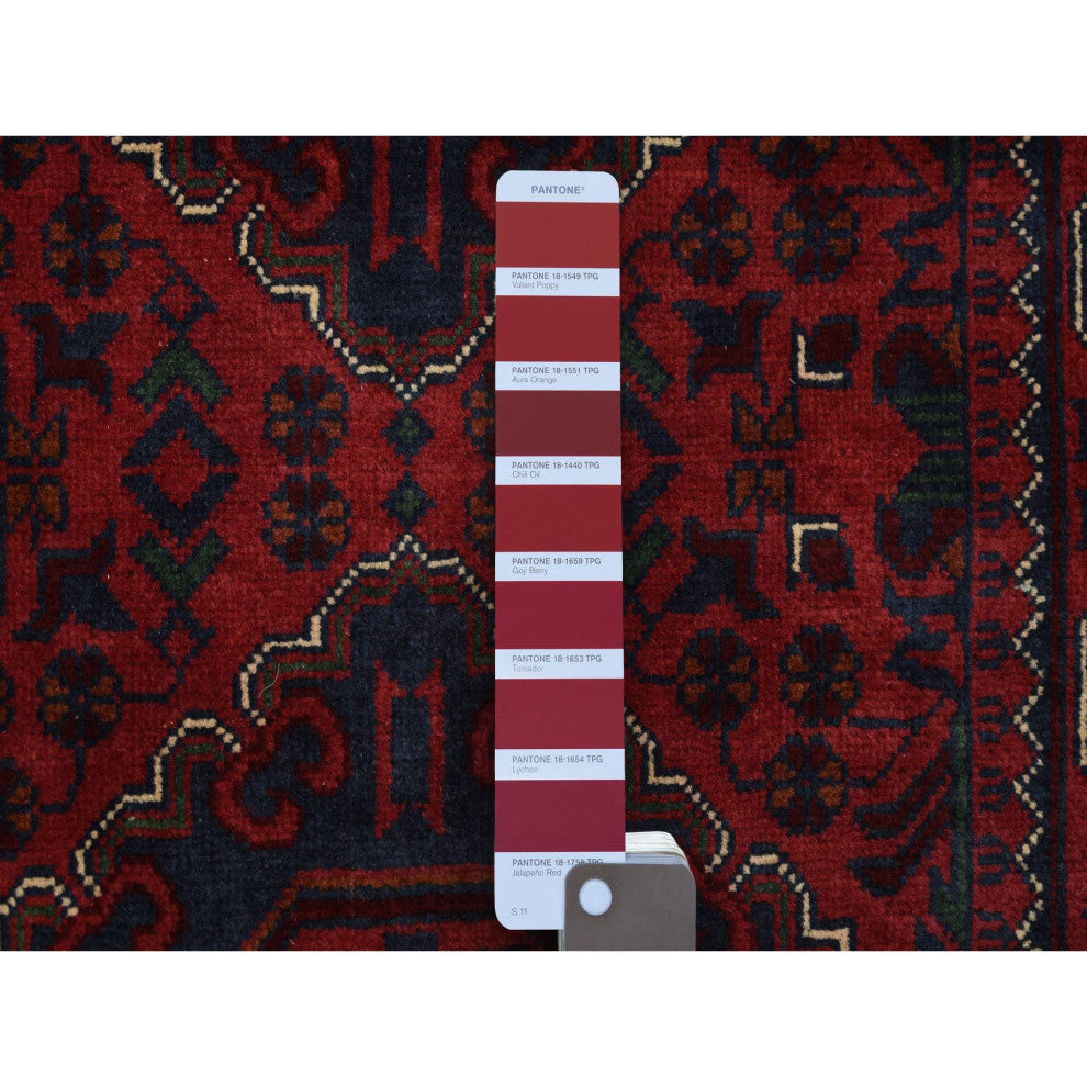 Red Afghan Khamyab Pure Wool Tribal Design Hand Knotted Runner Rug, 2'8"x12'9"