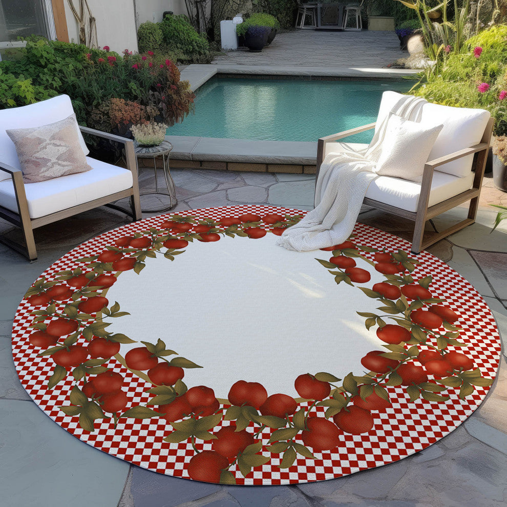 Indoor/Outdoor Kendall KE9 Red Machine Washable 8' x 8' Round Rug