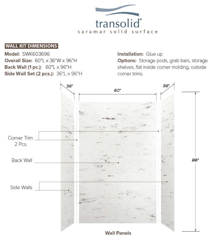 Transolid SaraMar 60"x36"x96" 3-Piece Shower Wall Kit, White Venito Velvet