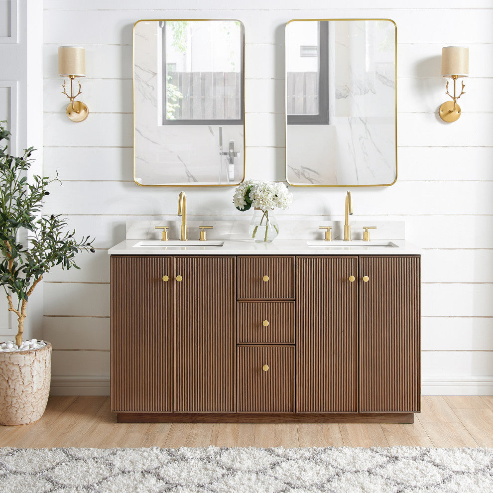 Oza Bath Vanity with Quartz Stone Top, Aged Dark Brown Oak, 60", Double Vanity, No Mirror