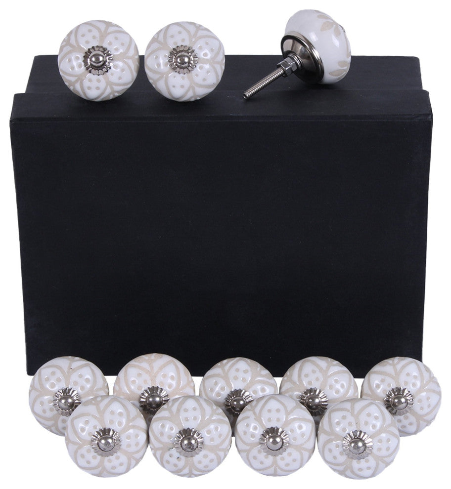 Set of 12 Vintage Beige and White Floral Ceramic Knobs