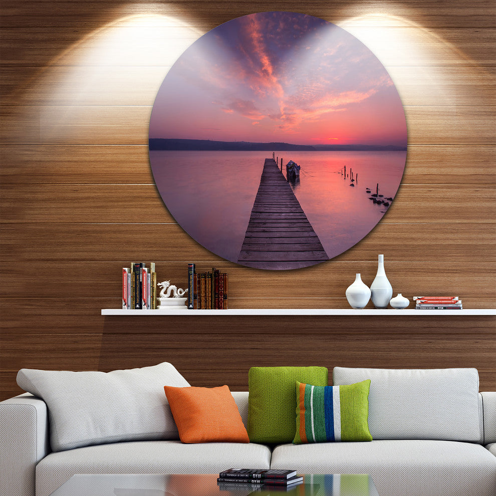 Wooden Pier Under Red Sky, Seascape Photo Disc Metal Artwork, 23"