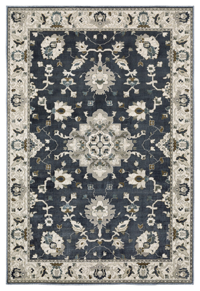 Emilia Bordered Traditional Blue/ Beige Area Rug 9'10" x 12'10"