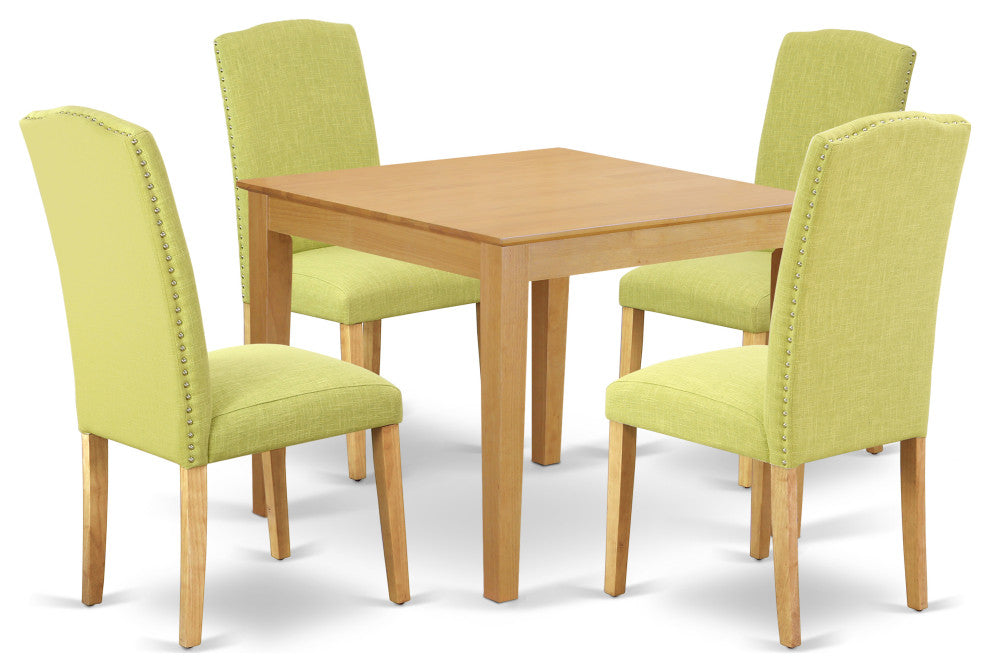 5Pc Square 36" Table And Four Parson Chair, Oak Leg And Linen Fabric Limelight