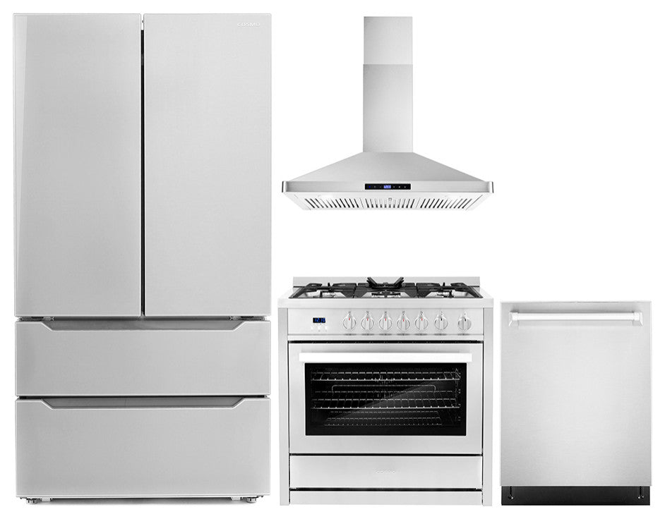 4-Piece, 36" Gas Range, 36" Range Hood, 24" Dishwasher and Refrigerator
