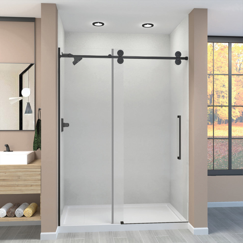 Teegan Plus Sliding Shower Door, Fixed, Clear Glass, Matte Black, Sabrina