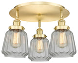Chatham-3 Light 18" Flush Mount-Satin Gold, Clear Glass Shade