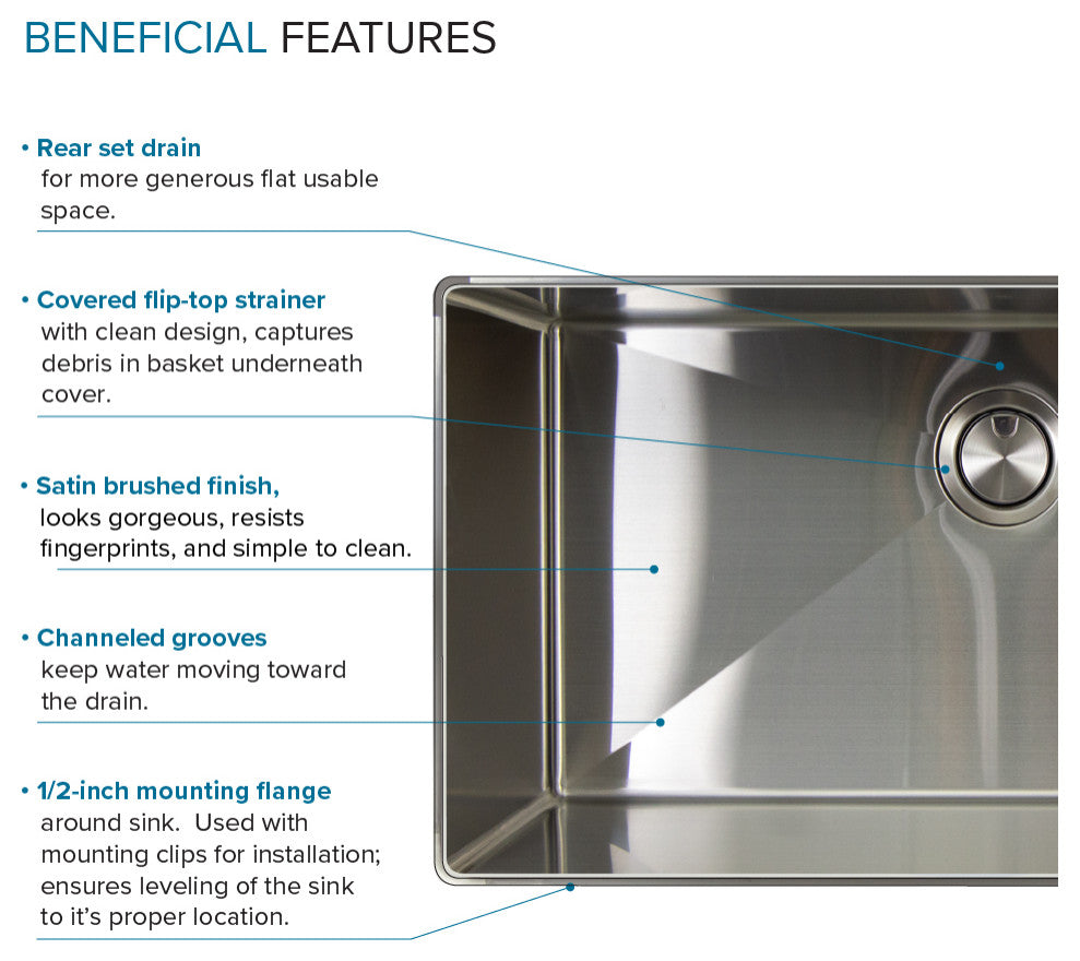 Transolid 32"x17" Rimless Single Bowl Kitchen Sink, Stainless
