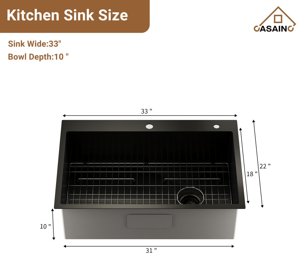 33in Stainless Steel Single Bowl Drop-In Workstation Kitchen Sink with Faucet, Brushed Nickel