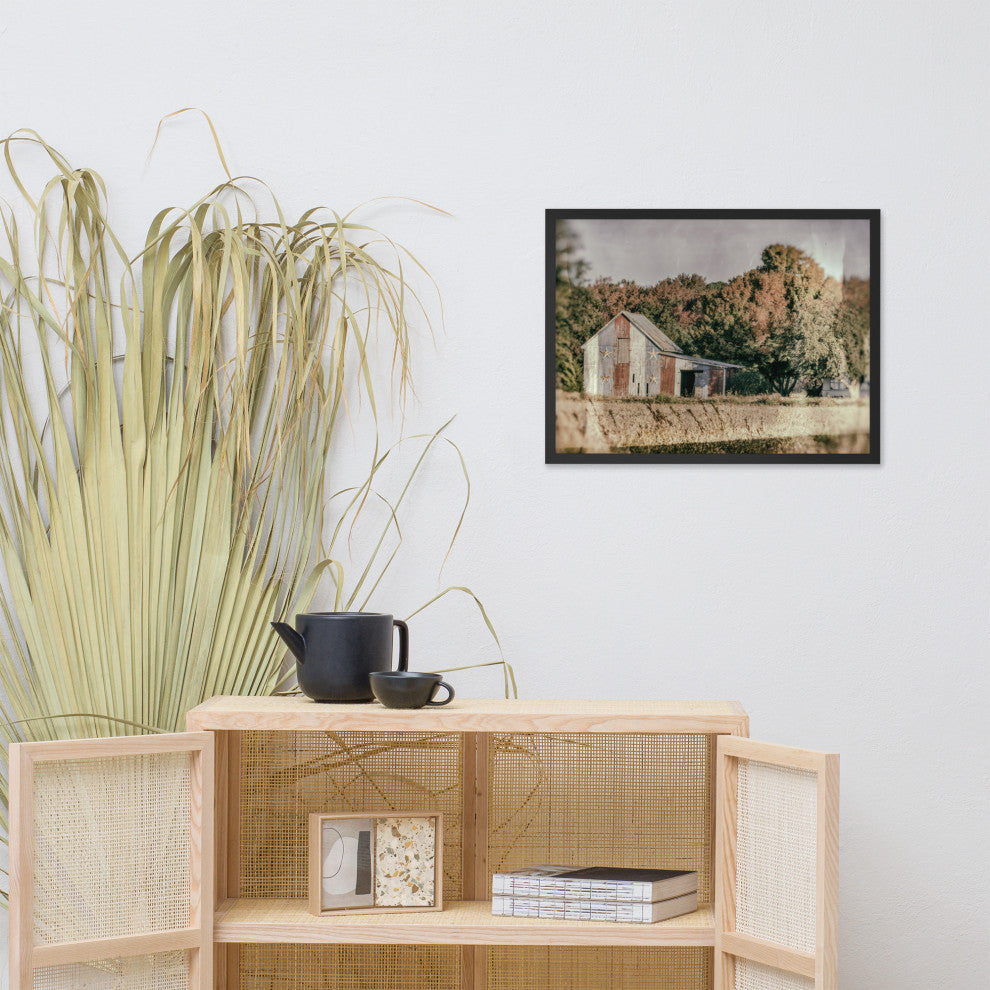 Patriotic Weathered Barn in Field Glass Plate Framed Photo Paper Wall Art Prints, Black, 18" X 24"