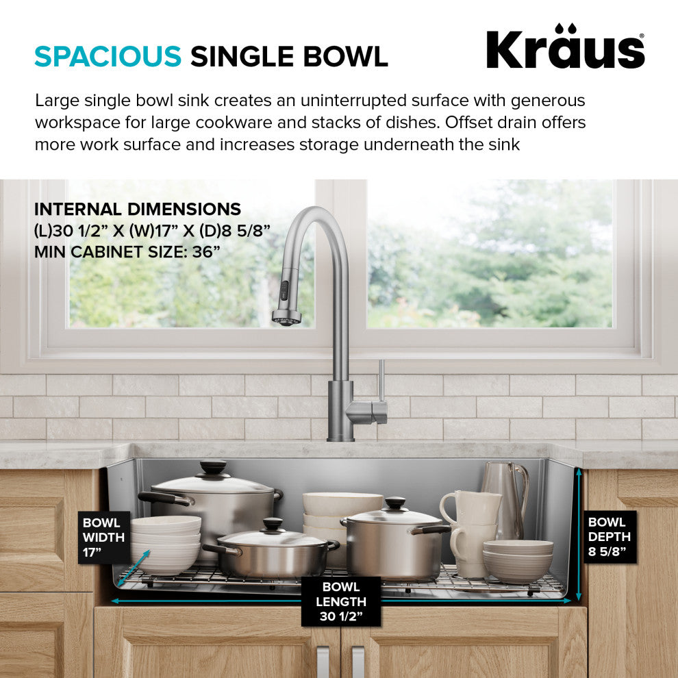 KRAUS Fairlane 33" Undermount 1-Bowl 18 Gauge Stainless Steel Kitchen Sink