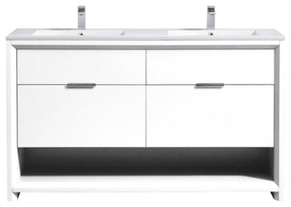 KubeBath Nudo 60'' Double Sink Floor Mount Modern Bathroom Vanity, Gloss White