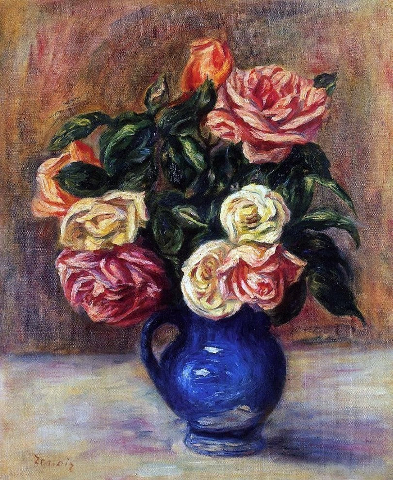 Pierre Auguste Renoir Roses in a Blue Vase, 20"x25" Wall Decal