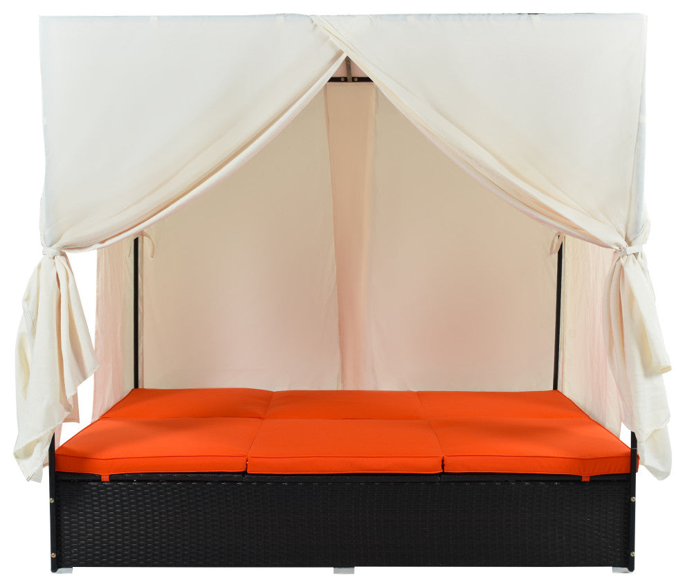 2-Piece Outdoor Wicker Patio Sunbed Daybed With Cushions And Adjustable Seats, Black Orange