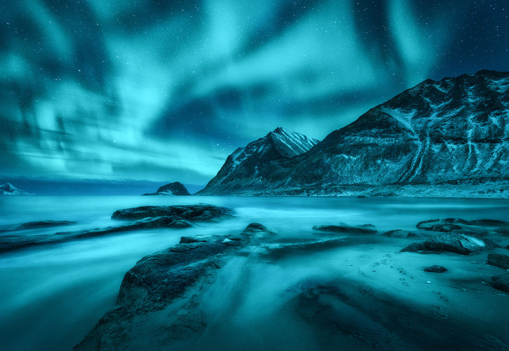 Blue Northern Lights and Mountain Coast Landscape Photo Canvas Wall Art Prints, 16" X 20"