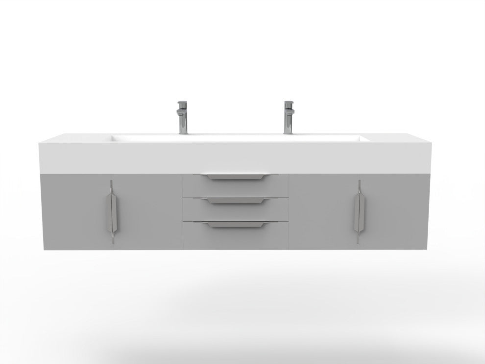 CastelloUSA Nile 72" Wall Mounted Bathroom Vanity Set, Gray, White Top, Chrome Handles