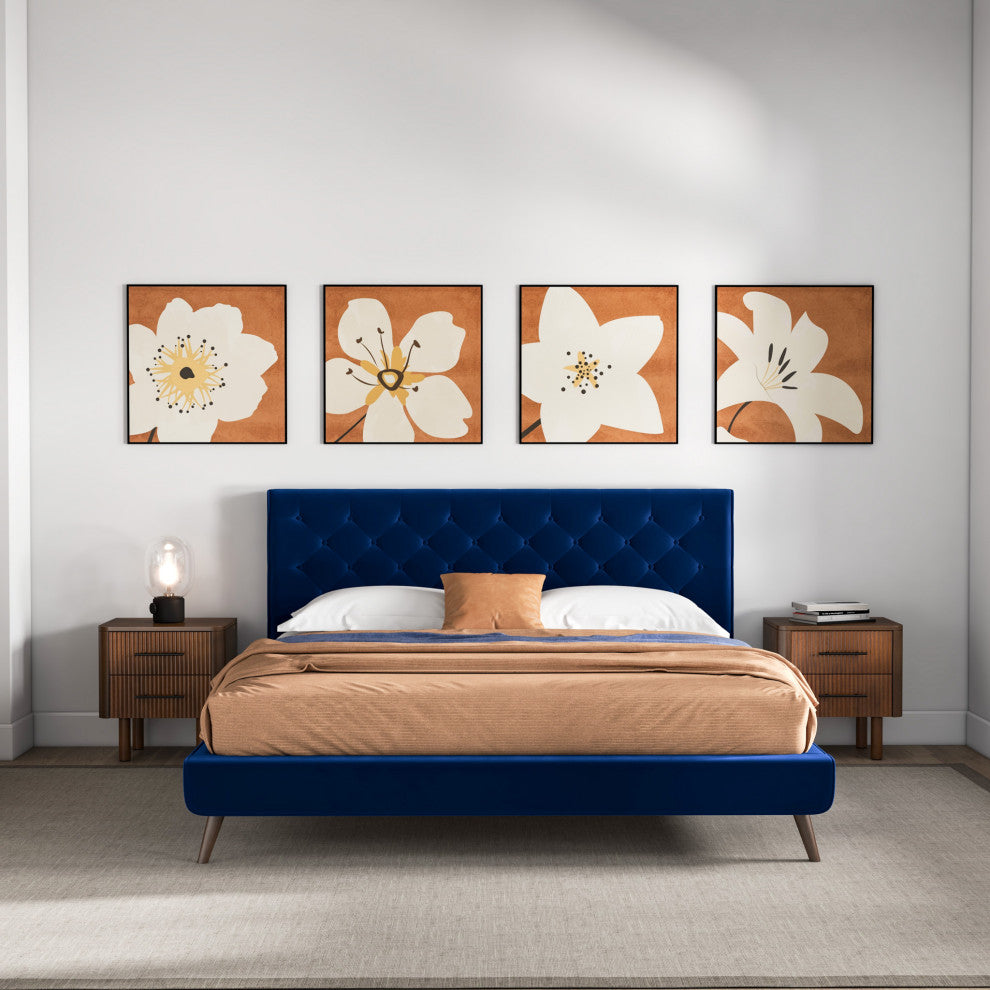 Ashley Midcentury Velvet Tufted Solid Wood Platform Bed, Blue, King