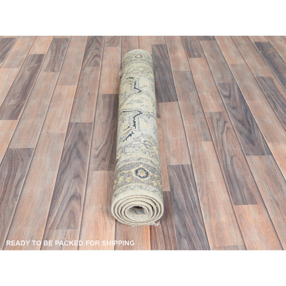 Beige Afghan Peshawar Heriz Wool Hand Knotted Oriental Rug, 2'10"x4'10"