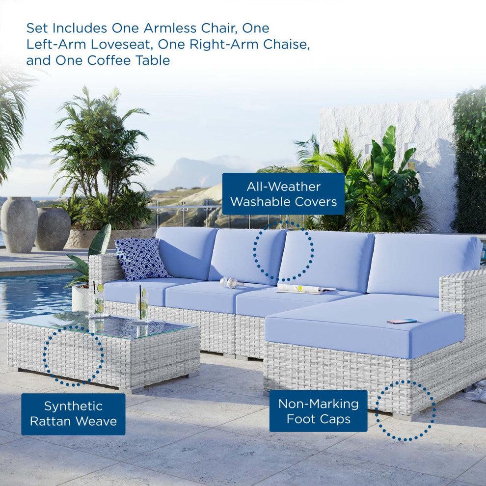 Lounge Sectional Sofa Chair Set, Rattan, Wicker, Gray Blue, Modern, Outdoor
