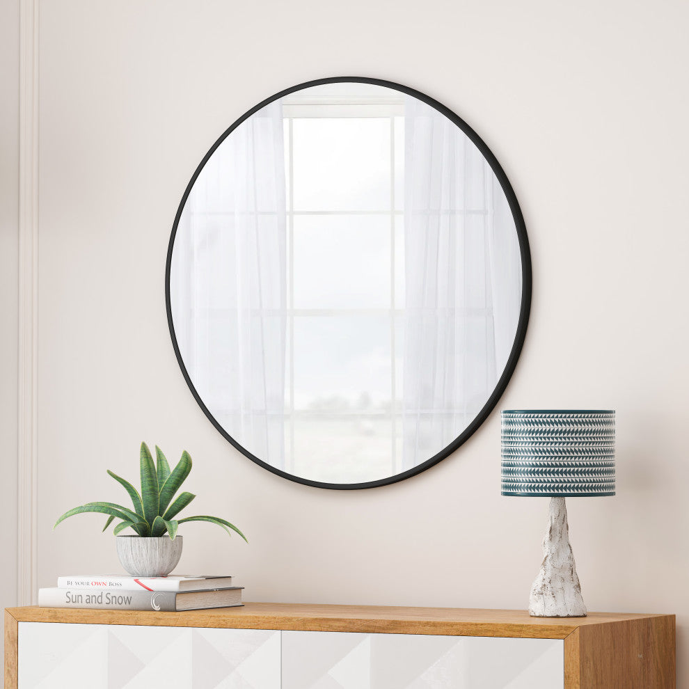 Round Framed Wall-Mounted Anti-fog Mirror, Black, 48" X 48"