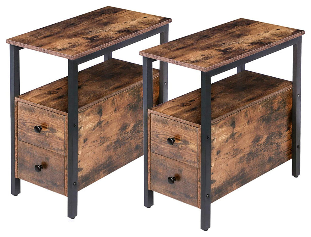 Narrow End Table, Set of 2 with 2 Drawer and Open Shelf