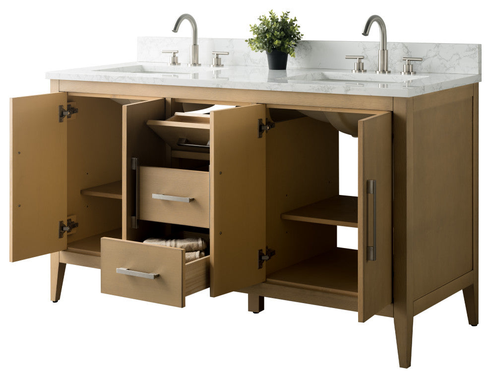 Vanity Art Bathroom Vanity With Sink, Natural Oak, 60", Double Sink, Brushed Nickel