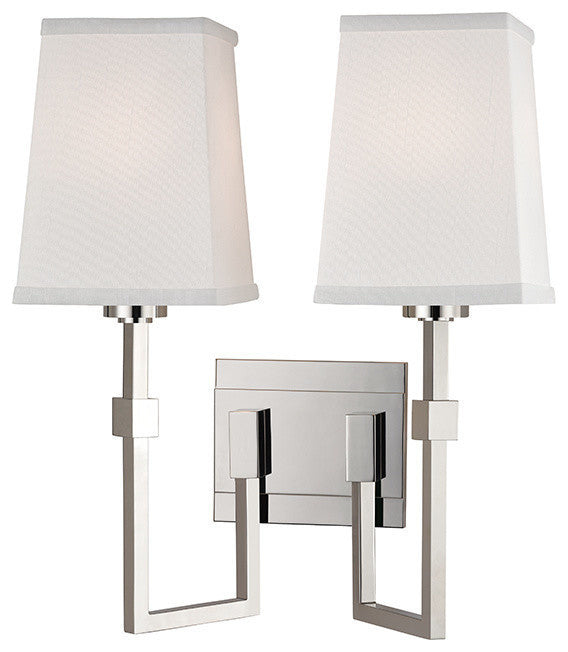 Fletcher, 2 Light, Wall Sconce, Polished Nickel Finish, White Faux Silk Shade