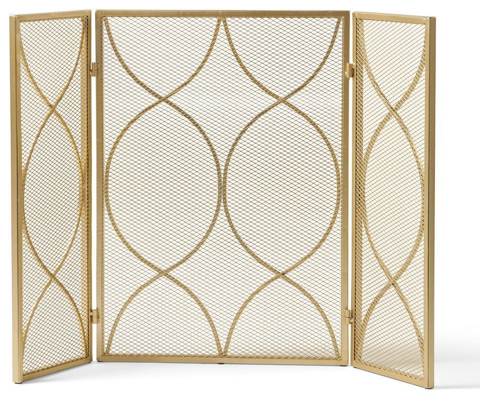Laylah Modern Three Panel Iron Firescreen, Gold Finish