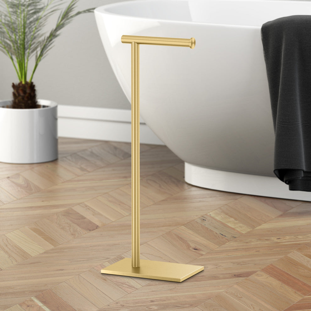 Square Freestanding Toilet Paper Holder, Brushed Brass, Single
