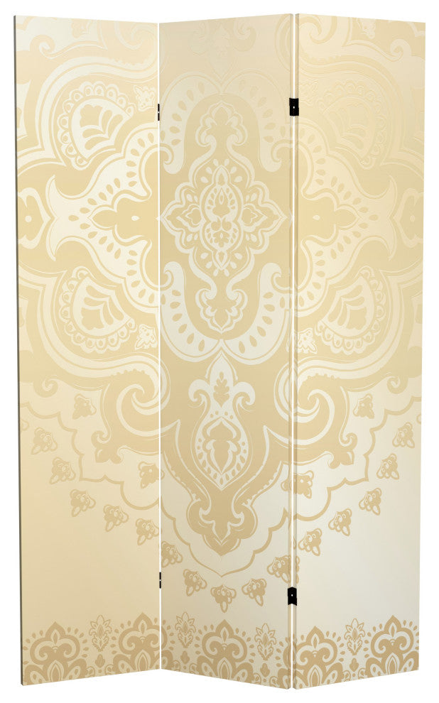 6' Tall Double Sided Ivory Indian Pattern Canvas Room Divider