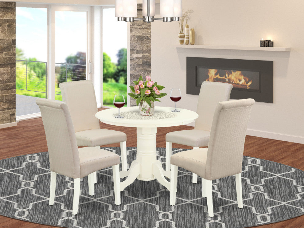5Pc Dining Set, Round Room Table, Four Parson Chairs, Cream Fabric, White