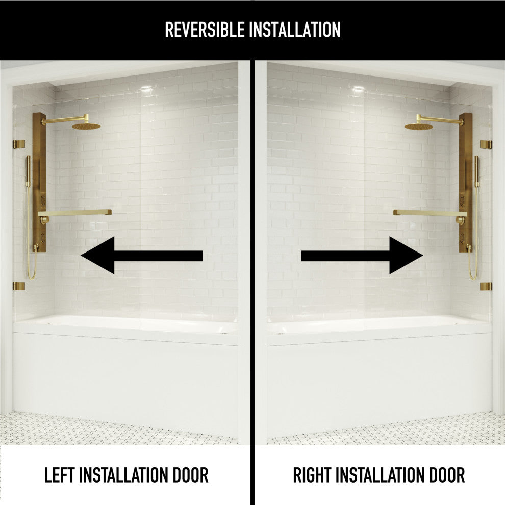 VIGO Rialto 34" W x 58" H Frameless Hinged Tub Door, Matte Brushed Gold, Clear Glass