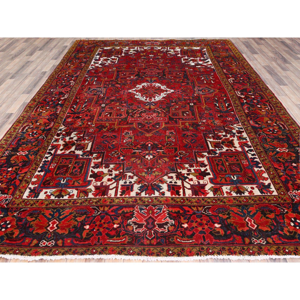 Barn Red Pure Wool Hand Knotted Vintage Persian Heriz Oriental Rug 8'2"x11'10"